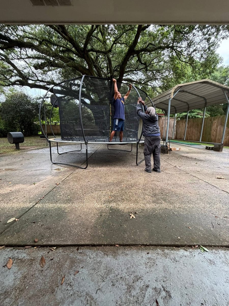 Swing set, trampoline and playset assembly